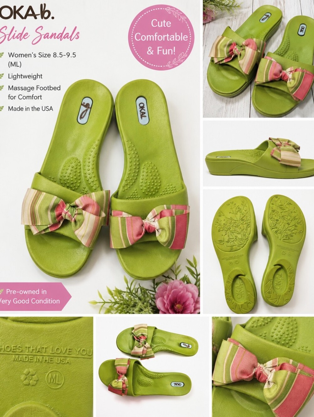 OKA b. Lime Green Slide Sandals with Pink and Cream Striped Bow